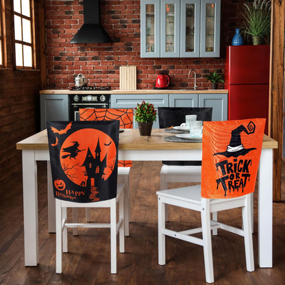 Whaline 4 Pack Happy Halloween Chair Covers Spooky Chair Back Covers Halloween Ghost Witch Bat Dining Room Seat Covers Orange Black Chair Slipcovers for Home Dining Room Kitchen Halloween Party
