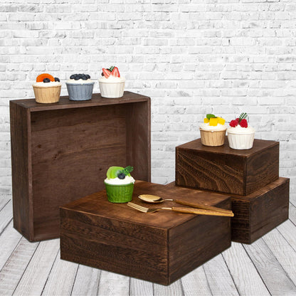 WEASATRY 4 pieces wooden cake stands,antique brown cupcake stands for display,12 inches square wooden crates ,wood display risers for wedding,birthday party,Christmas,etc. (Antique Brown)