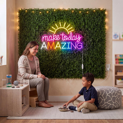 Fumete 13 Pcs Green Reading Corner Classroom Calming Corner Decor 10 x 10" Grass Wall Panels with Make Today Amazing Neon Sign Classroom Greenery Wall Decoration for Home School Party Supplies