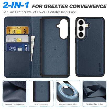 SHIELDON Real Leather Wallet Case for Galaxy S26+ 6.7", Detachable, RFID Blocking Credit Card Slot, Flip Magnetic Closure, Kickstand, Wireless Charging, Removable Shock Absorbing Cover - Navy Blue