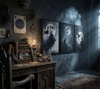 SOUHLP Gothic Wall Art Witch Black Cat Raven Poster Set, 12x16in