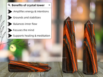 Amazing Gemstone Red Tiger Eye Crystal Towers - Natural Healing Crystal Point Obelisk for Reiki Healing and Crystal Grid (2" to 3" INCH)