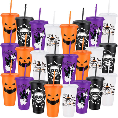 Umigy 24 Pcs Halloween Plastic Cups with Lids and Straws 4 Styles Pumpkin Ghost Skull Bat Tumblers Reusable Halloween Party Cups for Kids Adults Birthday Party Favors Supplies