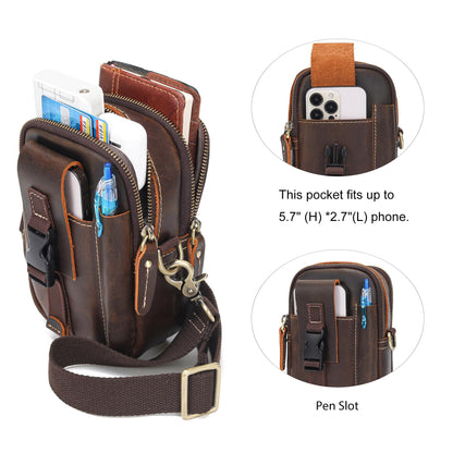 LANNSYNE Small Full Grain Leather Messenger Bag for Men, 3-in-1 Crossbody Shoulder Bag & Waist Belt Pouch, Sling Purse for Travel Business, Vintage Cell Phone Holster