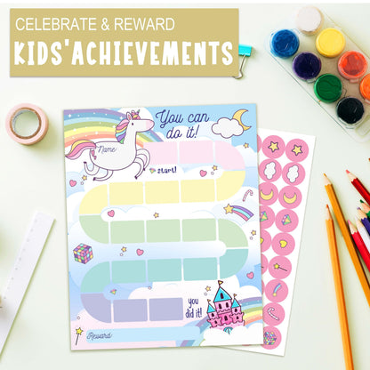 20 Unicorn Reward Chart with 432 Round Stickers, Incentive Behavior Chart for Kids at Home Classroom, Kids Routine Daily Chore Sticker Chart-B01