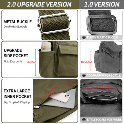 KALIDI Canvas Tote Messenger Bag with Pockets, Large Crossbody Bags for Women or Men, Casual Canvas Shoulder Bag for College Work Travel Daily, Army Green