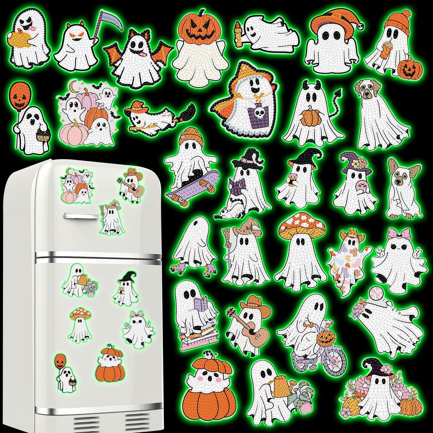 Motipuns 30 Pcs Halloween Diamond Painting Magnets Kits Diamond Art Fridge Magnet Refrigerator Sticker for Beginners Kid Adults Home Decors DIY Art Craft Gifts (Scary)