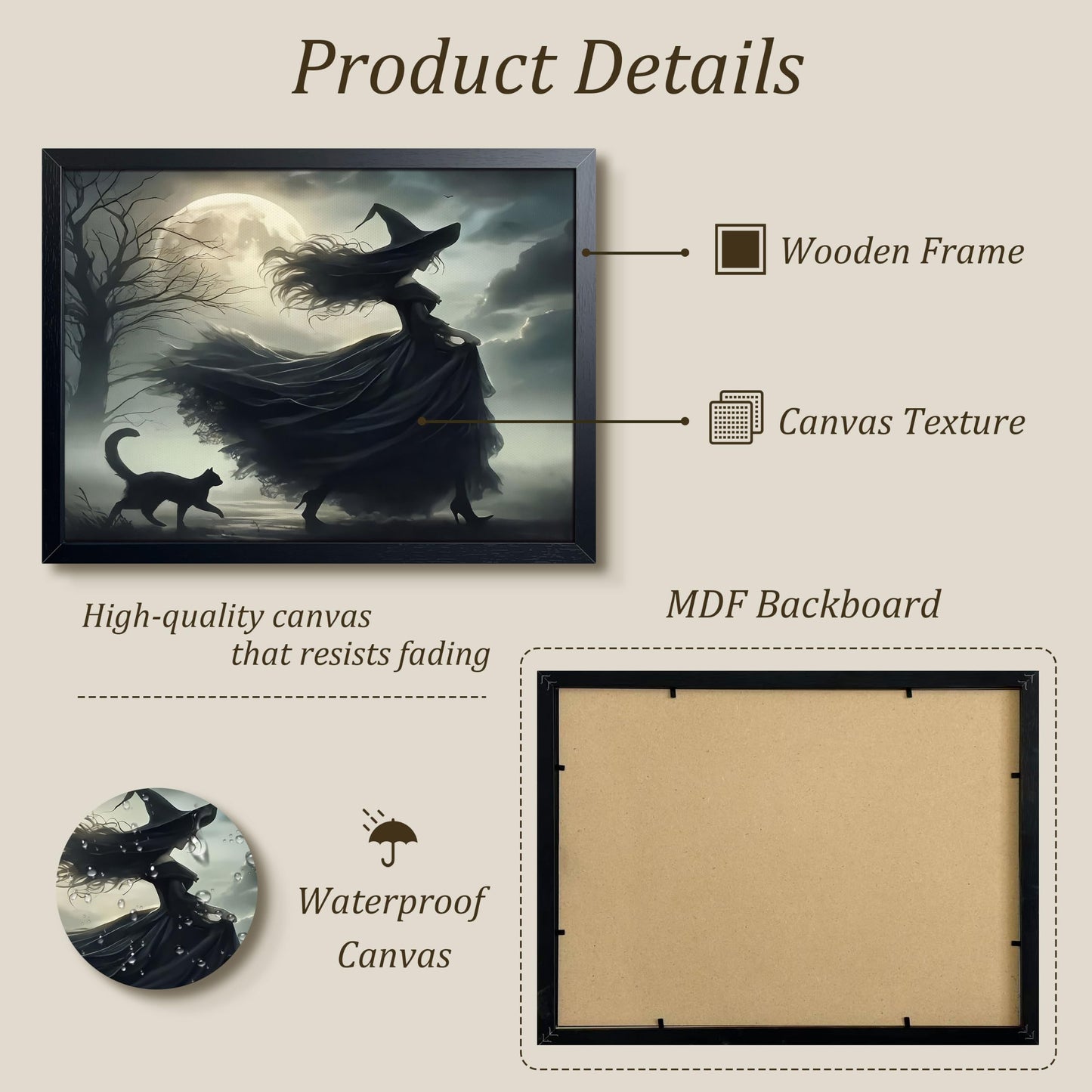 wanyun Dark Witch Wall Art Canvas Framed Poster Print Picture, Gothic Moonlight Witch Artwork Oil Painting, Spooky Halloween Horror Wall Decor for Bedroom Living Room Home Office Decor 16x24 Inch