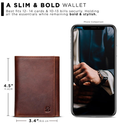 SERMAN BRANDS Trifold Wallet for Men - RFID Blocking Full Grain Leather, 11 Card Slots & ID Window, Slim Everyday Carry, Durable Stitching, Gift for Him