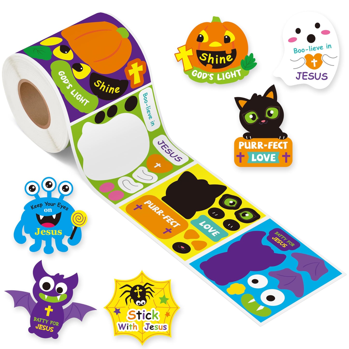 Haooryx Halloween Religious Sticker Roll - 300Pcs Make Your Own Pumpkin Ghost Bat Face Sticker Self-Adhesive Mix and Match Christian Religious Page Activity Pad Church Event Fall Halloween Party Favor