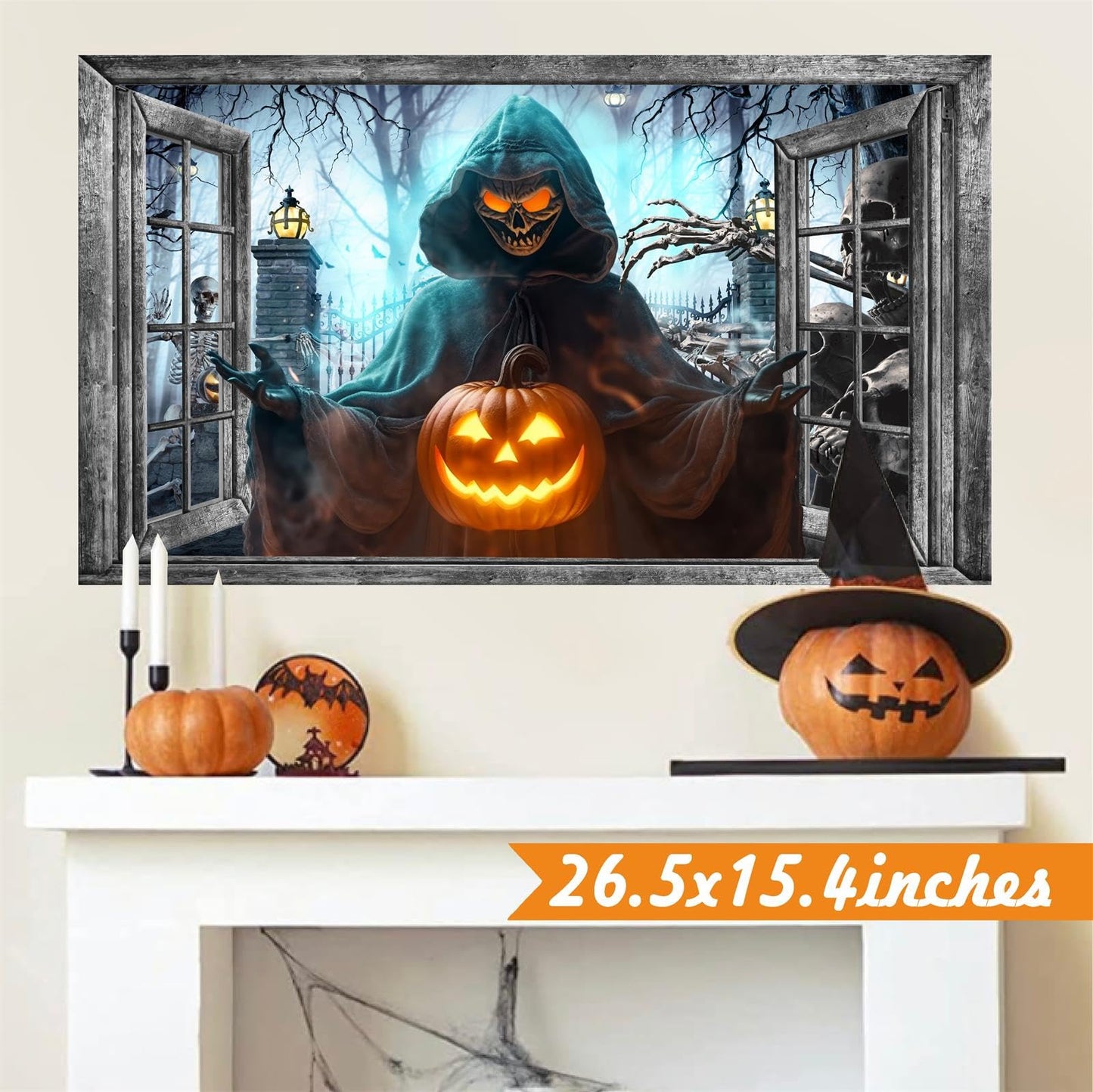 Halloween Wall Decor Halloween Decals 3D Fake Window Wall Decal Peel and Stick Grim Reaper Pumpkins Skeleton Wall Art Murals Halloweens Decoration for Living Room Bedroom Haunted House Party Supplies