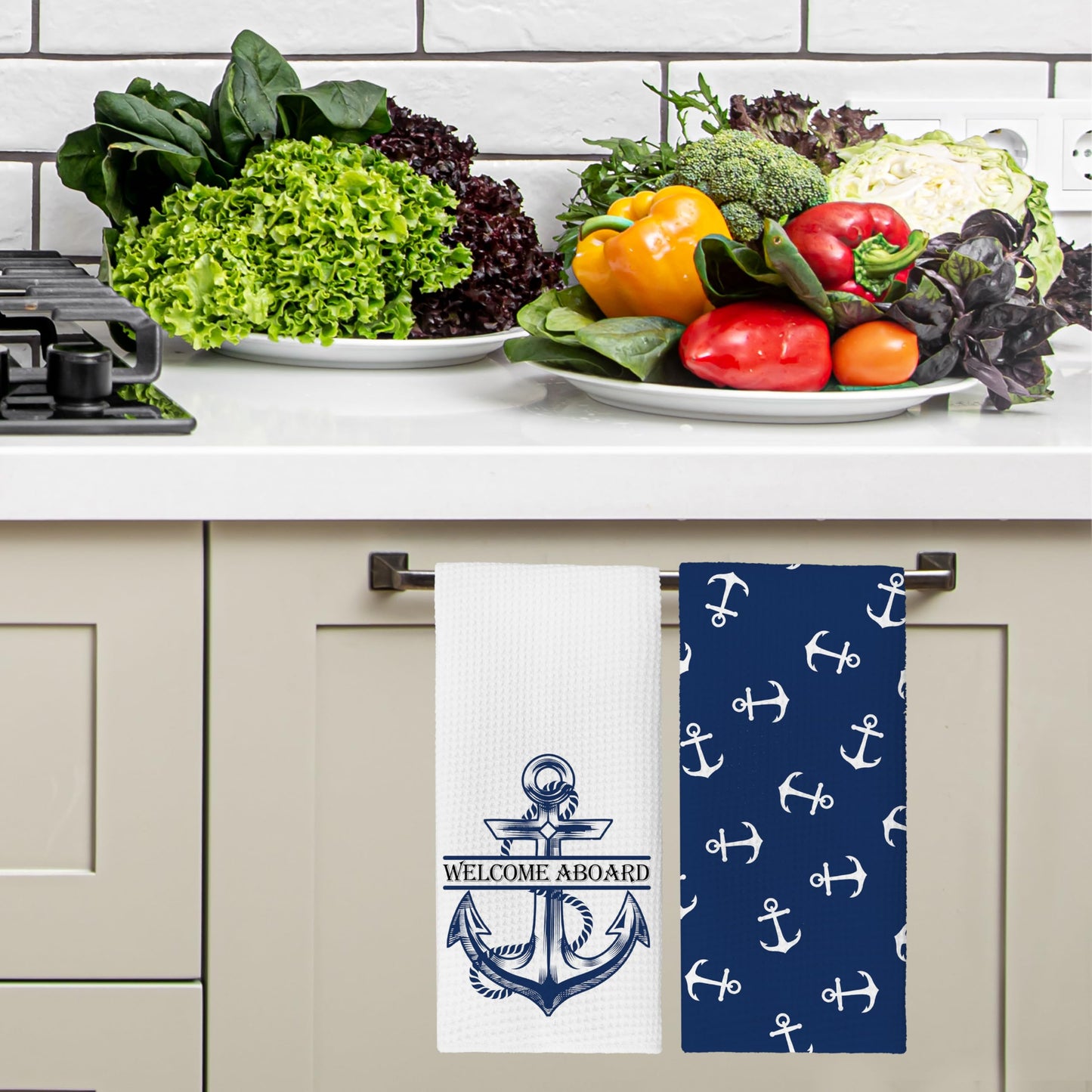 KGHYT Ocean Boat Kitchen Towels,Welcome Aboard Navy Blue Hand Towels Dish Towels for Boat Home Farmhouse Bathroom,16x24 Inches Set of 2.(042)