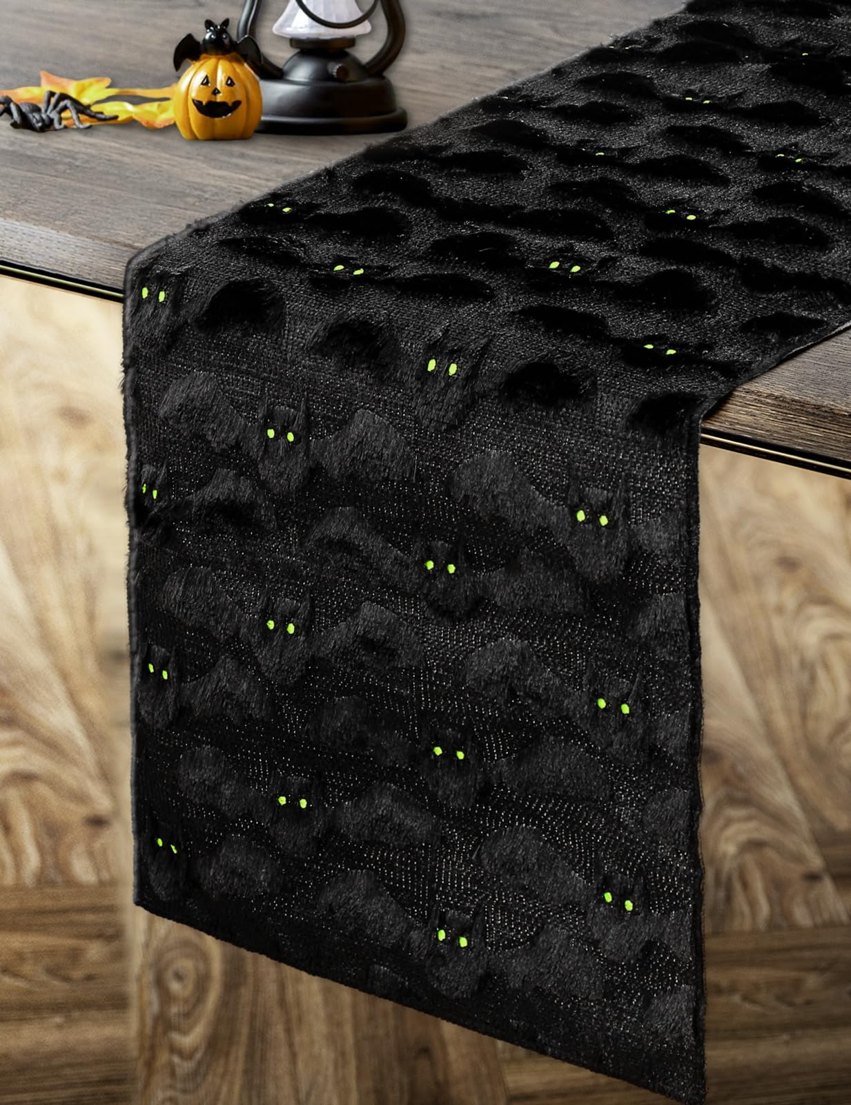 FYSUIMU Halloween Table Runner Soft Plush Faux Fur 3D Jacquard Black Bat Table Cover Spooky Bat Tabletop Decoration for Holiday Home Party Decor