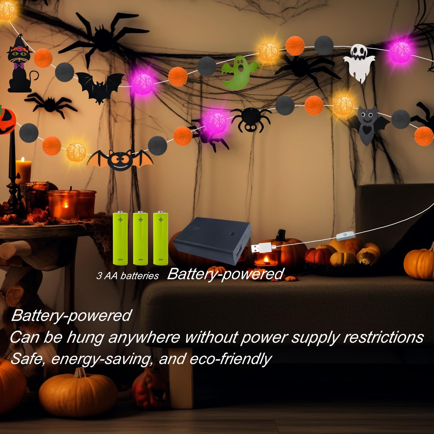 Halloween Decorations Battery USB 10.8Ft Halloween Strip Lights Banner Garland Décor with Felt Bats Ghost Witch Hat Pumpkins Spider Fuzzball Décor for Party Indoor Home Room Wall Fireplace WindowDoor