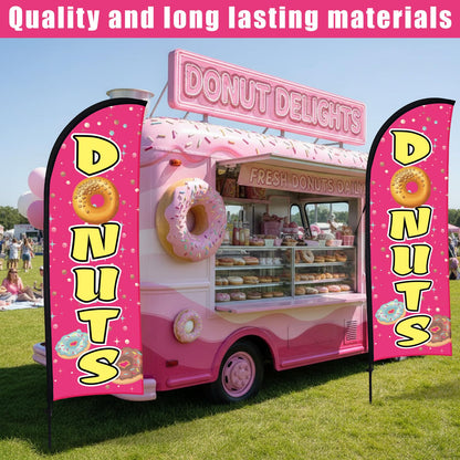 Buryeah 2 Sets Donuts Feather Flag Pole Kit 7 ft Donuts Advertising Flag Sign Banner with Flagpole Ground Stake Portable Bag for Diner Restaurant Business Outdoor Advertising
