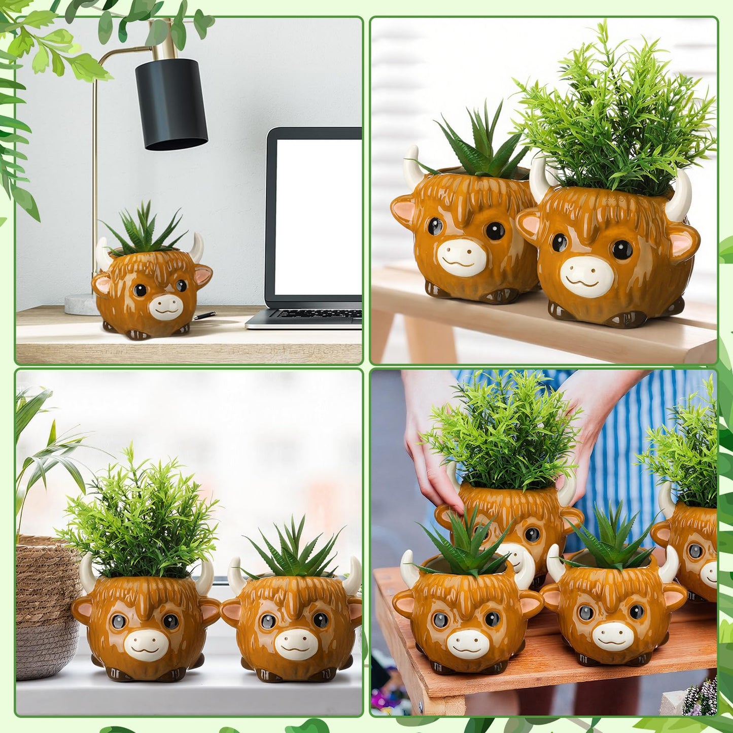 Meanplan 2 Pcs Highland Cow Succulent Planter with Drainage Cute Plant Pots Decor Ceramic Cactus Pot Animal Flower Container Holder Gifts for Cow Lovers Home Office Display Desk Decoration
