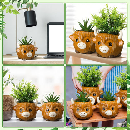 Meanplan 2 Pcs Highland Cow Succulent Planter with Drainage Cute Plant Pots Decor Ceramic Cactus Pot Animal Flower Container Holder Gifts for Cow Lovers Home Office Display Desk Decoration