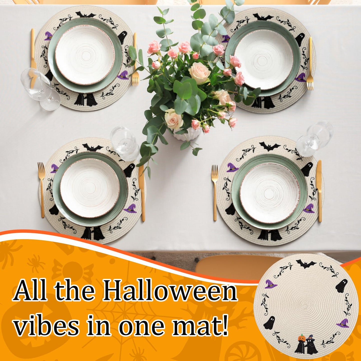 Remerry 6pcs Halloween Round Placemats Embroidered Pablemats Seasonal Autumn Holiday Table Mats Heat-Resistant for Halloween Party Home Kitchen Dining Restaurant Decoration Gift