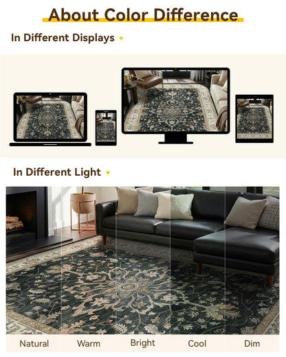 RELEANY Area Rugs 5'x7' Washable Vacuum-Friendly, Non-Slip, Floral Vintage Distress Print Pattern Medallion Carpet for Living Room Bedroom Vintage Black Beige Brown