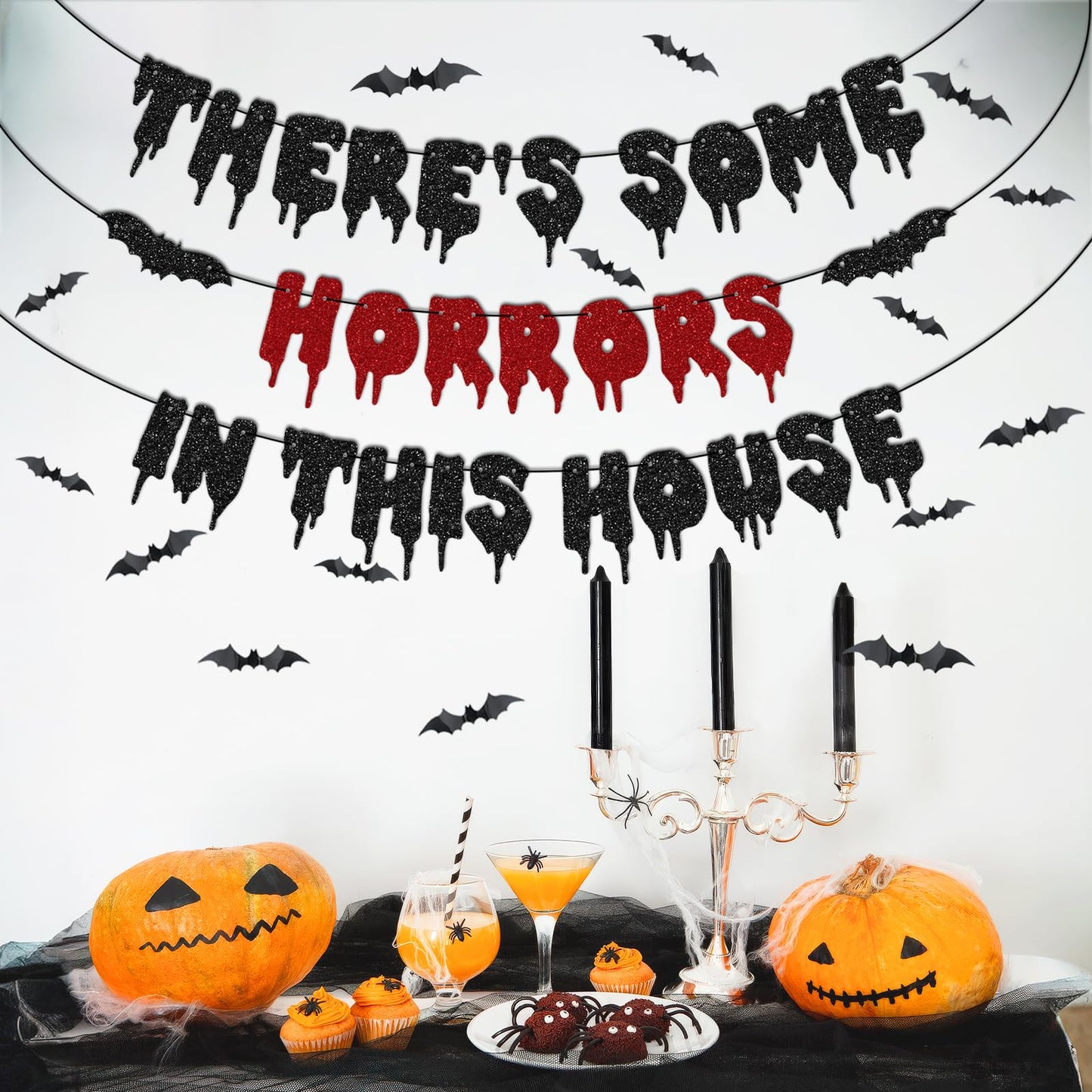 Halloween Party Decorations, There's Some Horrors in This House Banner - Fufuddz Funny Glitter Bloody Scary Happy Birthday Garland with Bat Stickers Trunk or Treat Bachelorette Supplies