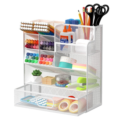 ReePlan Mesh Pen Organizer for Desk, Multi-Functional Pencil Holder with Drawer Desk Organizers, Large Capacity Storage for School Office Home Supplies (White)