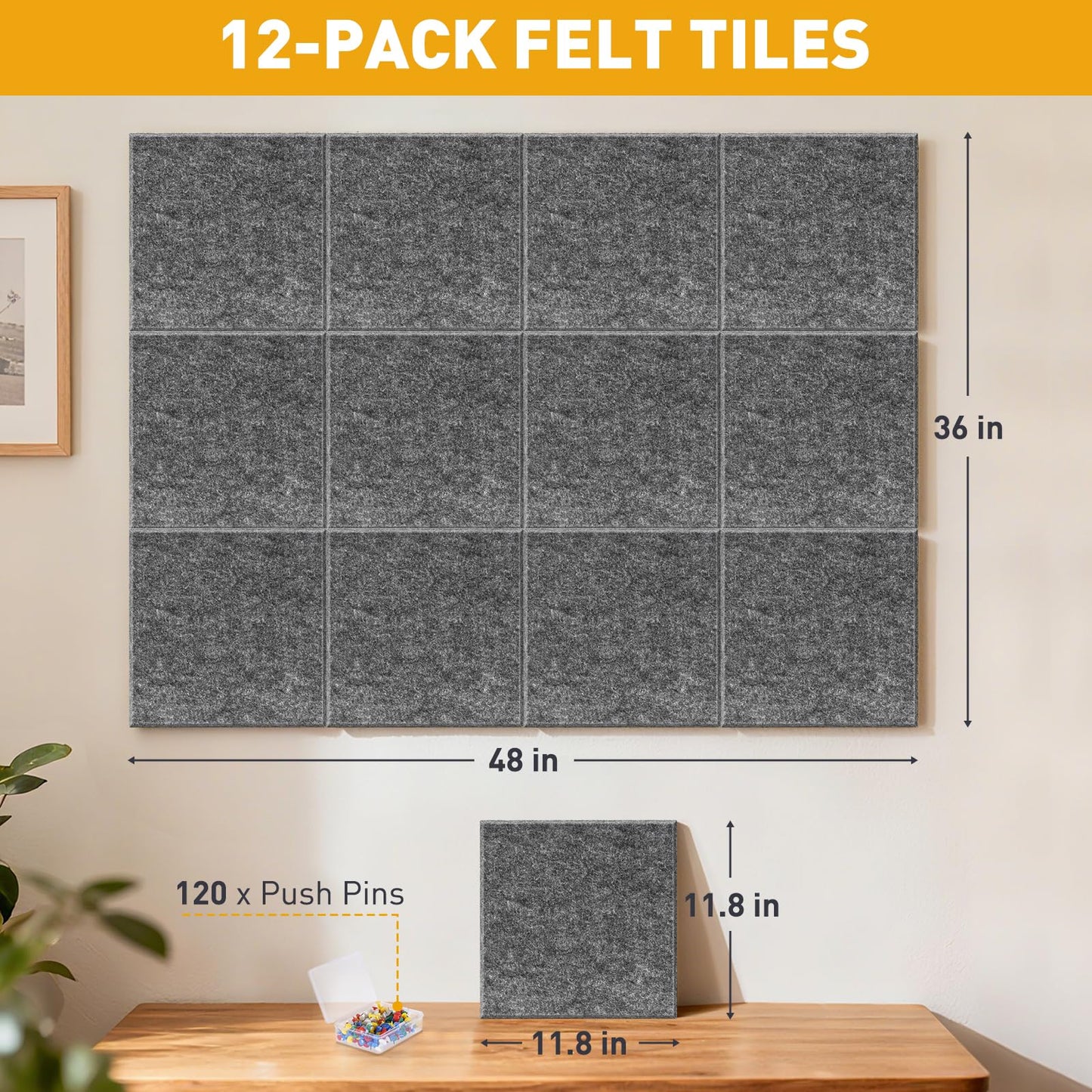 QUEENLINK Large Cork Boards 48"x36", 12-Pack Self-Adhesive Felt Bulletin Board Tiles with 120 Push Pins, Square Felt Wall Panels Pin Board Tack Board Wall Organizer for Home Office Decor, Grey