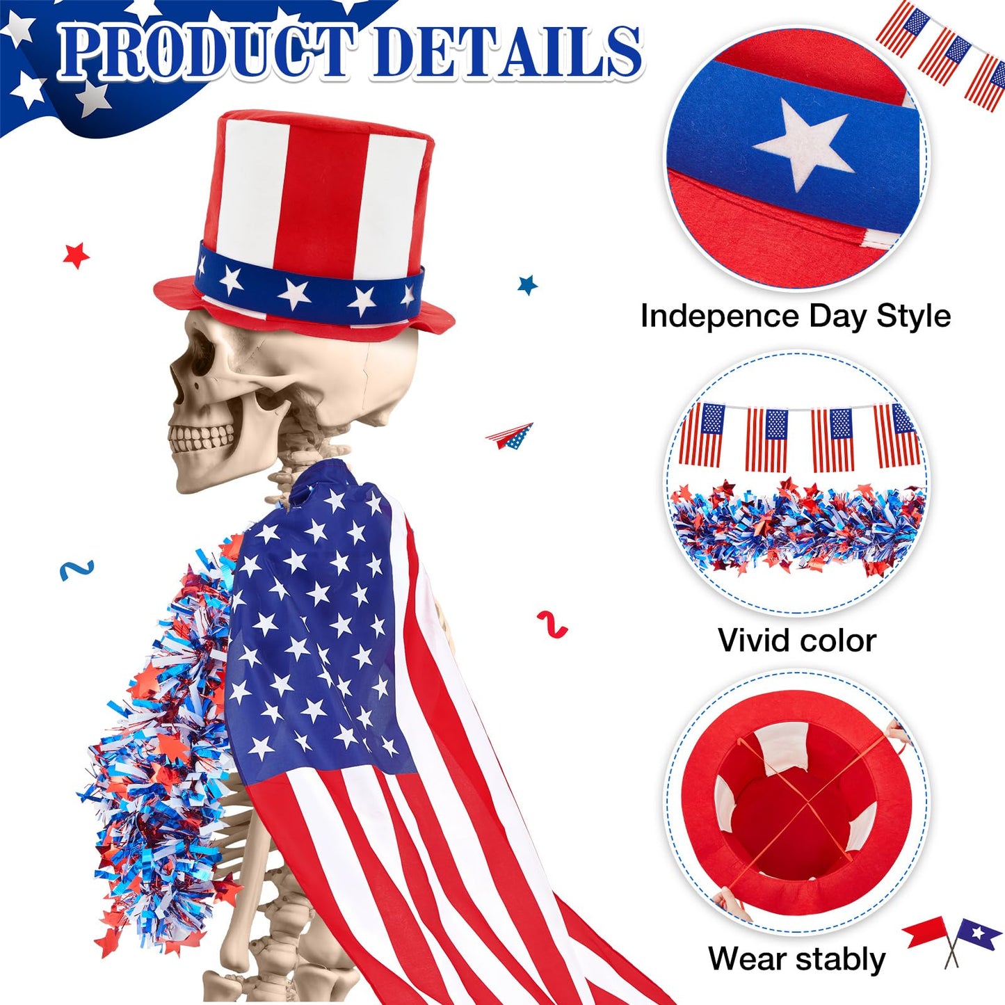 Bunnycool 4 Pcs 4th of July 12 ft Skeleton Patriotic Outfit Accessories Hat, Cape, Flag Banner, Tinsel Garland Giant Skeleton Costume Clothing for Parade Garden Lawn Outdoor Decor
