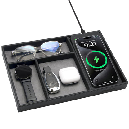 Valet Tray, Built in Wireless Charging Pad, Nightstand Organizer, Two-Toned Premium Vegan Leather Desk Bedside Caddy Organizer Tray for Keys, Watch, Wallet, Jewelry (Black+Gray)