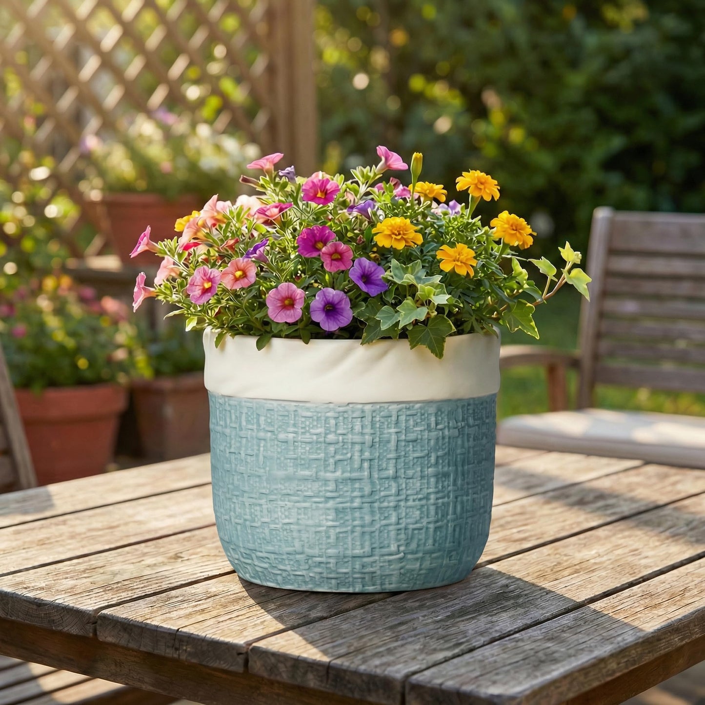 Teagas Ceramic Planter - 8 Inch Plant Pot for Indoor Outdoor Plants, Boho Planters with Drainage Hole and Plug, Round Decorative Flower Pots, Garden Home Office Decor, Plant Lover Gifts, Blue