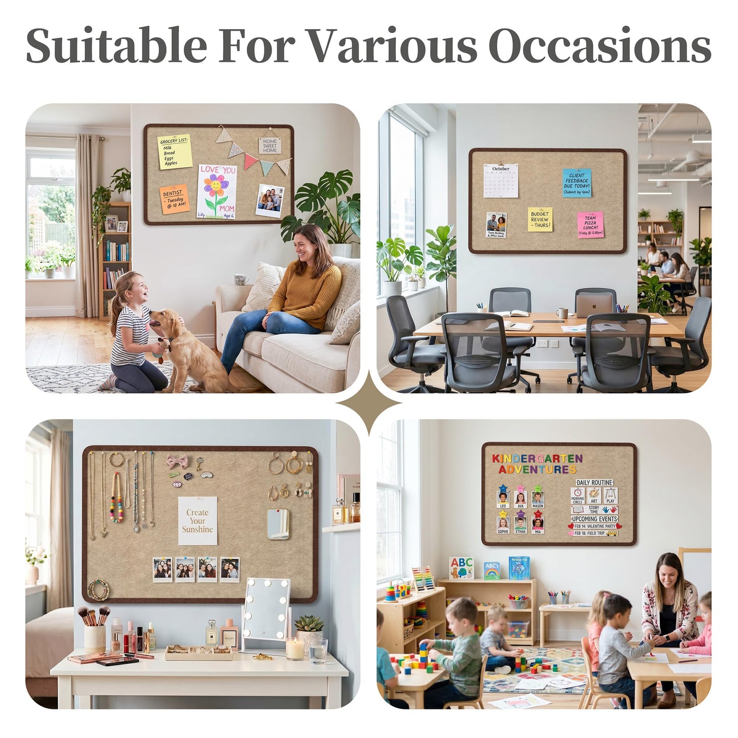 KERRAM Bulletin Board, 48 x 36 inches Decorative Felt Board Foldable Photo Board Pin Boards, Cork Board Alternative for Walls, Office, Home, Classroom with Pushpins ＆ Small Storage Bag, Brown
