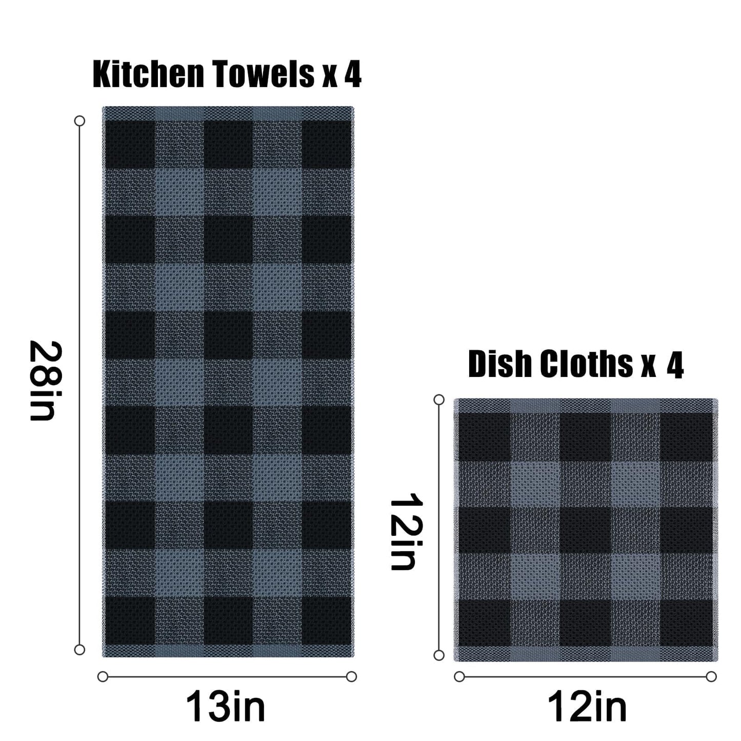 Homaxy Kitchen Towels and Dishcloths Set, 12 x 12 and 13 x 28 Inches, Set of 8 100% Cotton Waffle Weave Check Plaid Kitchen Dish Towels, Super Soft and Absorbent Dish Cloths, Black & Grey