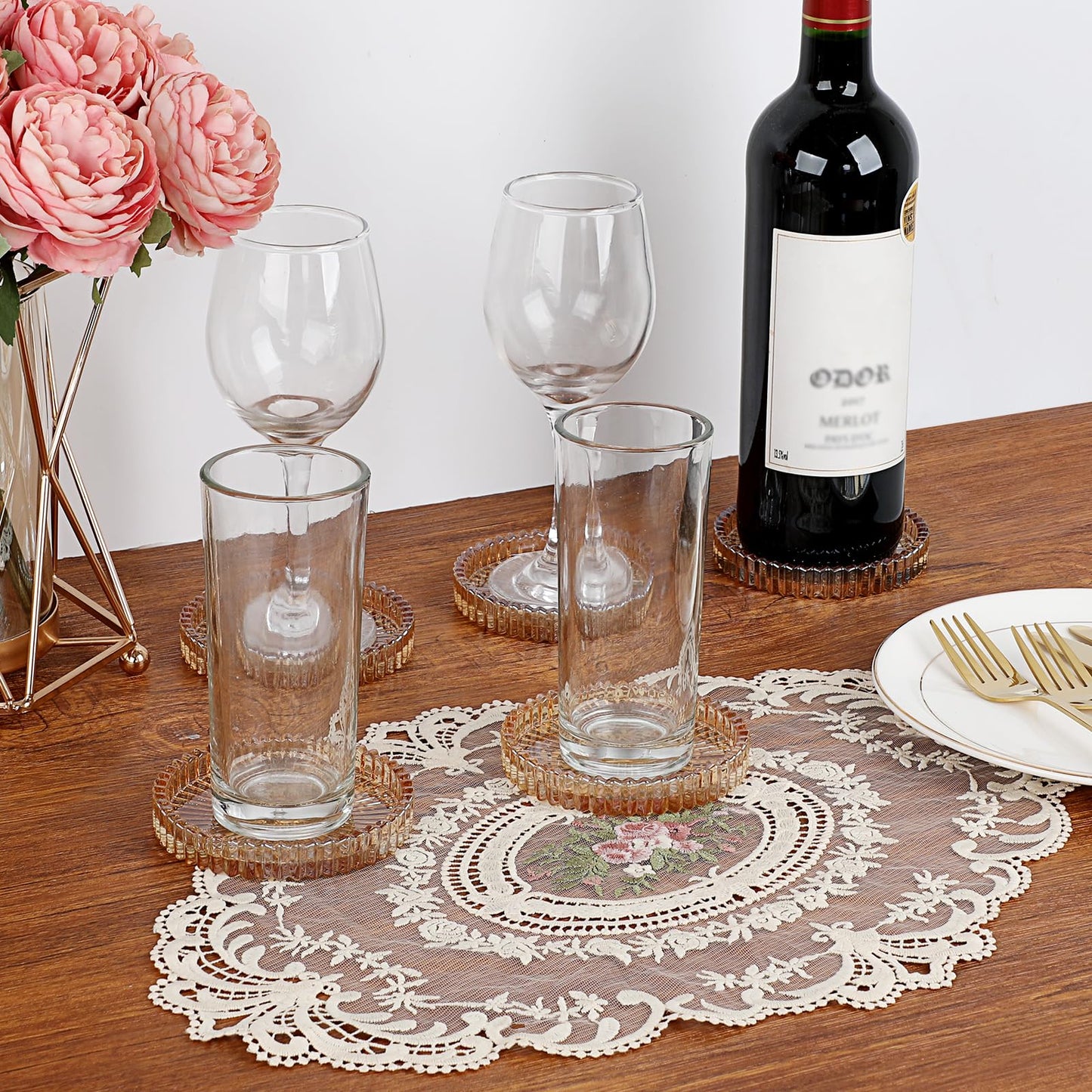 OGANAZI Modern Clear Coasters Set of 5- Glass Cute Coasters for Drinks Crystal Coaster Round Chic Cup Mat Cute Coffee Table Coaster for Kitchen, Bar, Dining Room, Living Room, Patio(Amber)