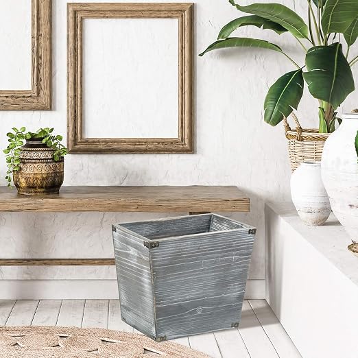 Grey Farmhouse Style Torched Wood Trash Can Waste Bin with Decorative Metal Brackets Trash Can for Bedroom,Living Room, Bathroom & Office (Gray)