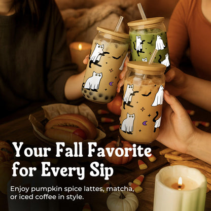 Halloween Ghost Cat Cups - Cute Halloween Gifts Spooky Boo Basket Stuffers for Women Teens Boy Girls Kids - 16oz Glass Iced Coffee Cup w/ Lids and Straw - Ideal for Trick or Treat Party Favors Decor