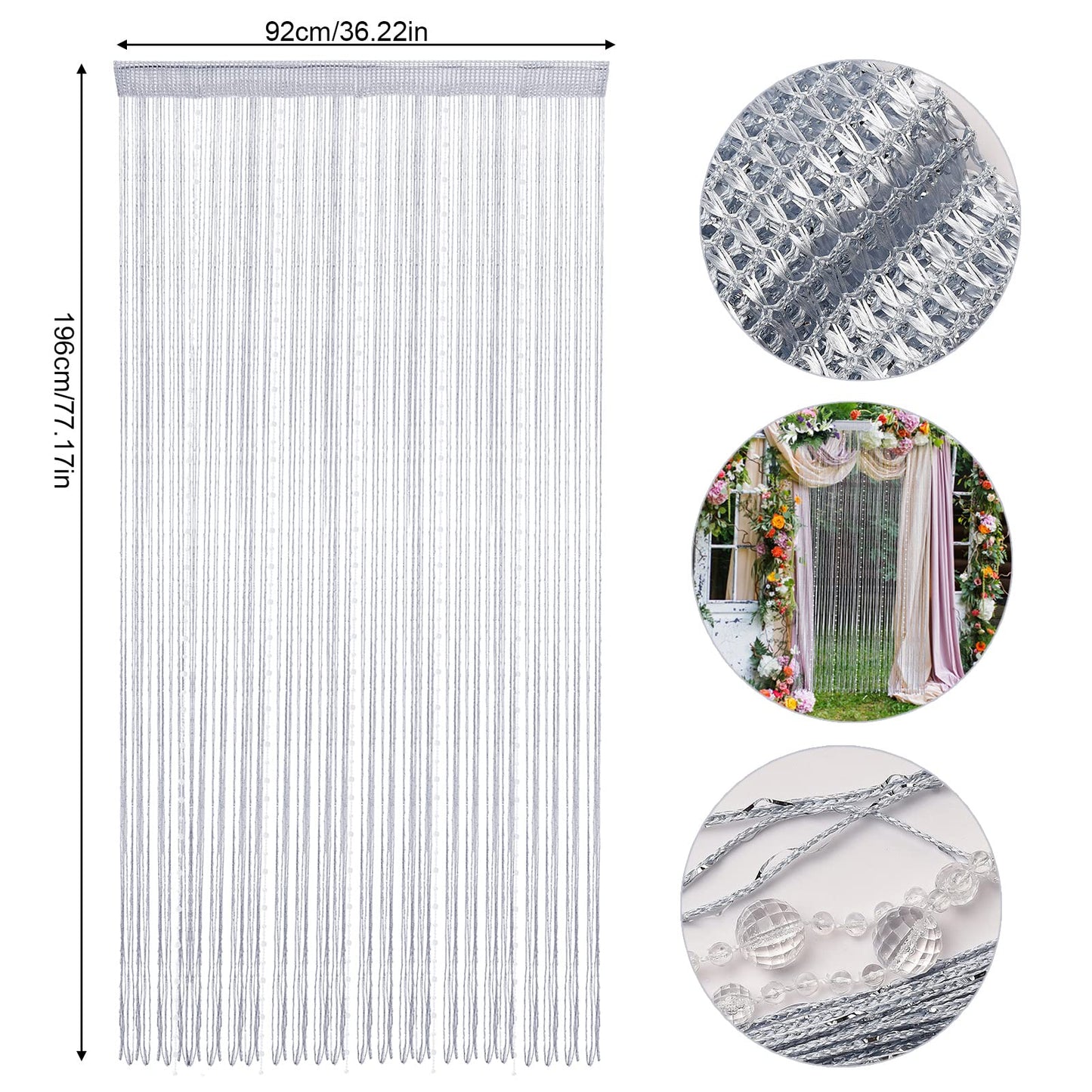 HANTURE Silver Beaded String Curtains for Doorways 36 x 77 Inch Crystal Tassel Beaded Curtain for Door Hanging String Beads Curtains Fringe Screen Panel for Wedding Office Home Decor