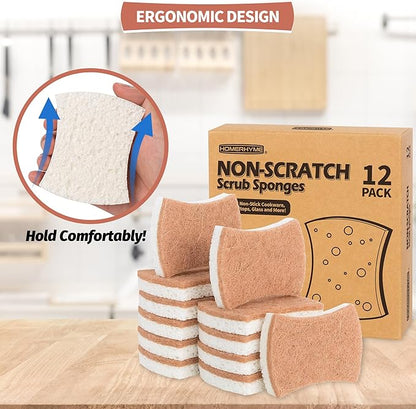 Natural Dish Sponge 12 Pack, Non-Scratch Scrub Kitchen Sponge, Eco Multipurpose, Odor-Less Dual-Sided for Dish Washing & Household Cleaning