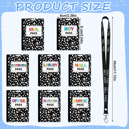 Fuyoooo 16 Set Composition Notebook Hall Pass Lanyards Unbreakable PVC Classroom Passes with Lanyards Bathroom Boy Girl Library Hall Office Nurse Pass for Elementary School Supplies