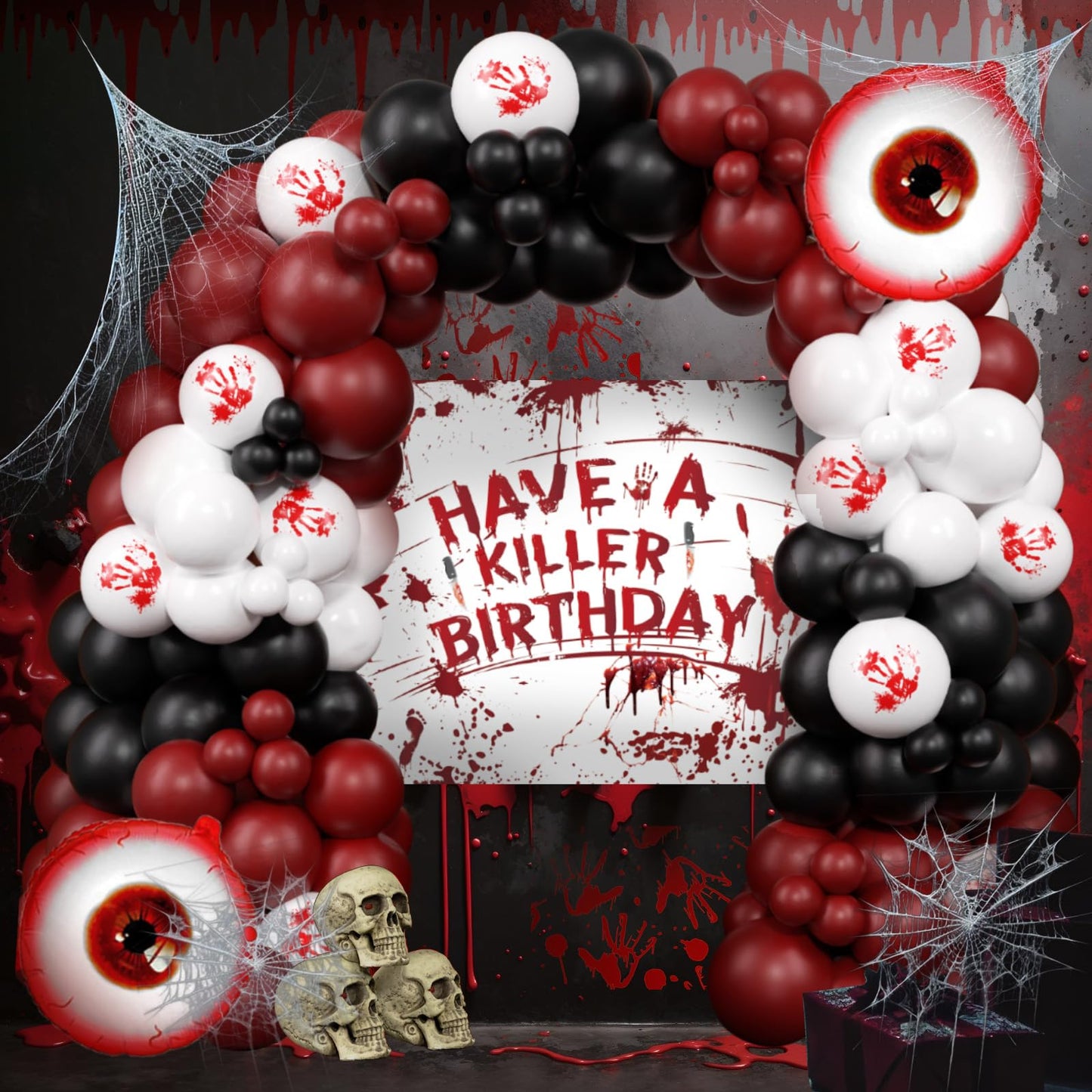 Halloween Balloon Arch Kit Scary Halloween Birthday Party Decorations-Red Black White Bloody Hand Balloons With Have a Killer Birthday Banner Eye Balloons For Hallo-ween Theme Party Supplies