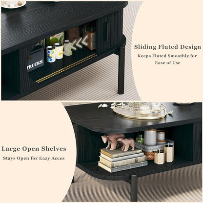 Coffee Table, 39.4" Mid Century Modern Coffee Tables for Living Room, Coffee Table with Storage Open Shelf, Fluted Table with Sliding Cabinet Door, 2-Tier Rustic Wood Desktop, Black
