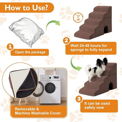 Dog Stairs for Bed 19.5’’ H, 4-Step Dog Steps for High Bed, Pet Stairs for Small Dogs and Cats to Get on Beds, Couch, Non-Slip Balanced Pet Steps and Ramp with Waterproof Cover and Tunnel, Brown