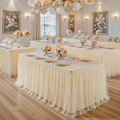 6ft Champagne Table Cloths Rectangle Tulle Tablecloth Fitted Champagne Tablecloths for 6 foot Rectangle Tables Spandex Table Covers for Parties Wedding Birthday Buffet Banquet Desk Tables Skirt