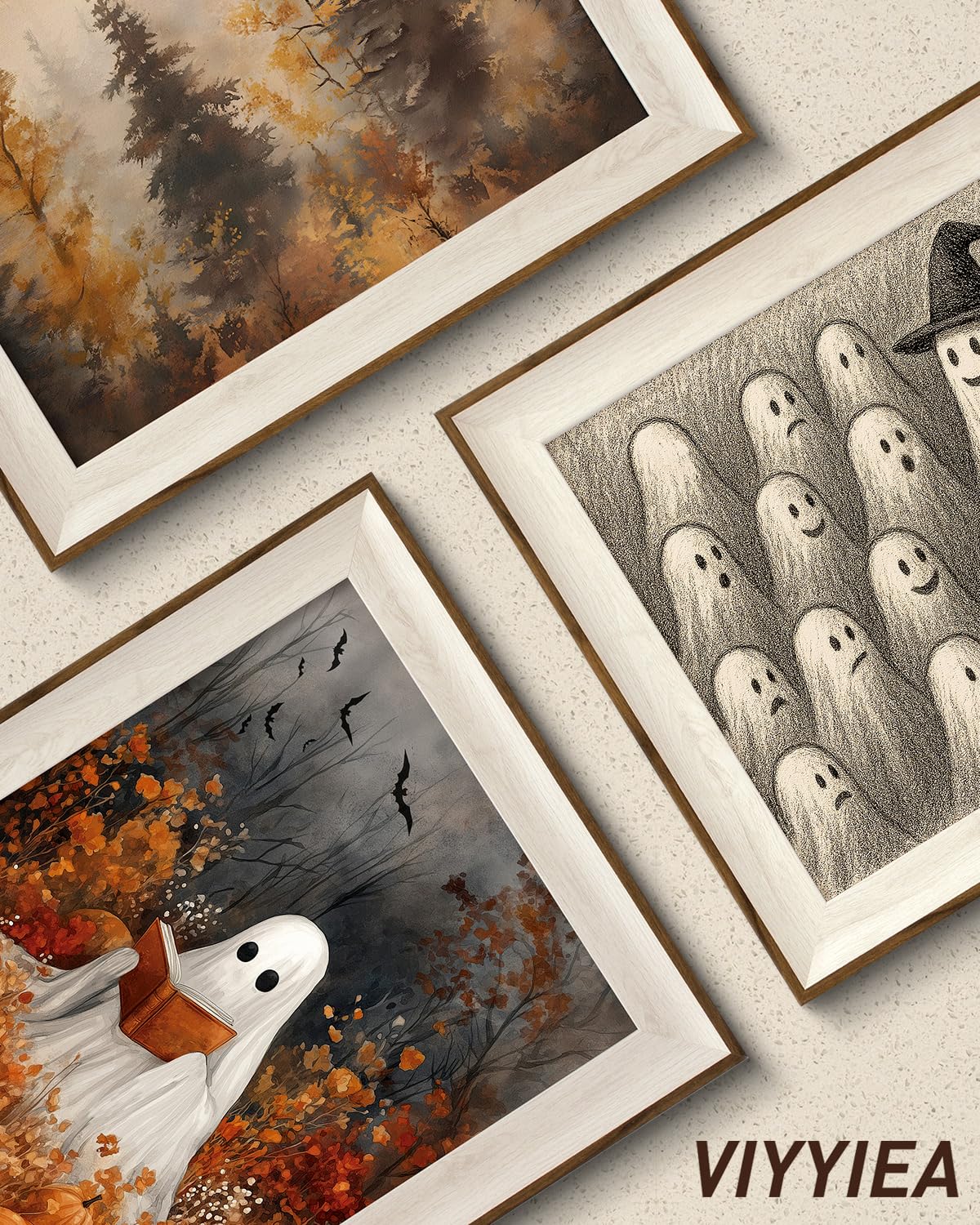 VIYYIEA Framed Wall Art for Living Room, Reading Ghost Canvas Prints, Autumn Home Decor, Halloween Painting Picture, Bathroom Wall Decor Gifts for Friends or Family -【Reading Ghost】-(16L x 12W)
