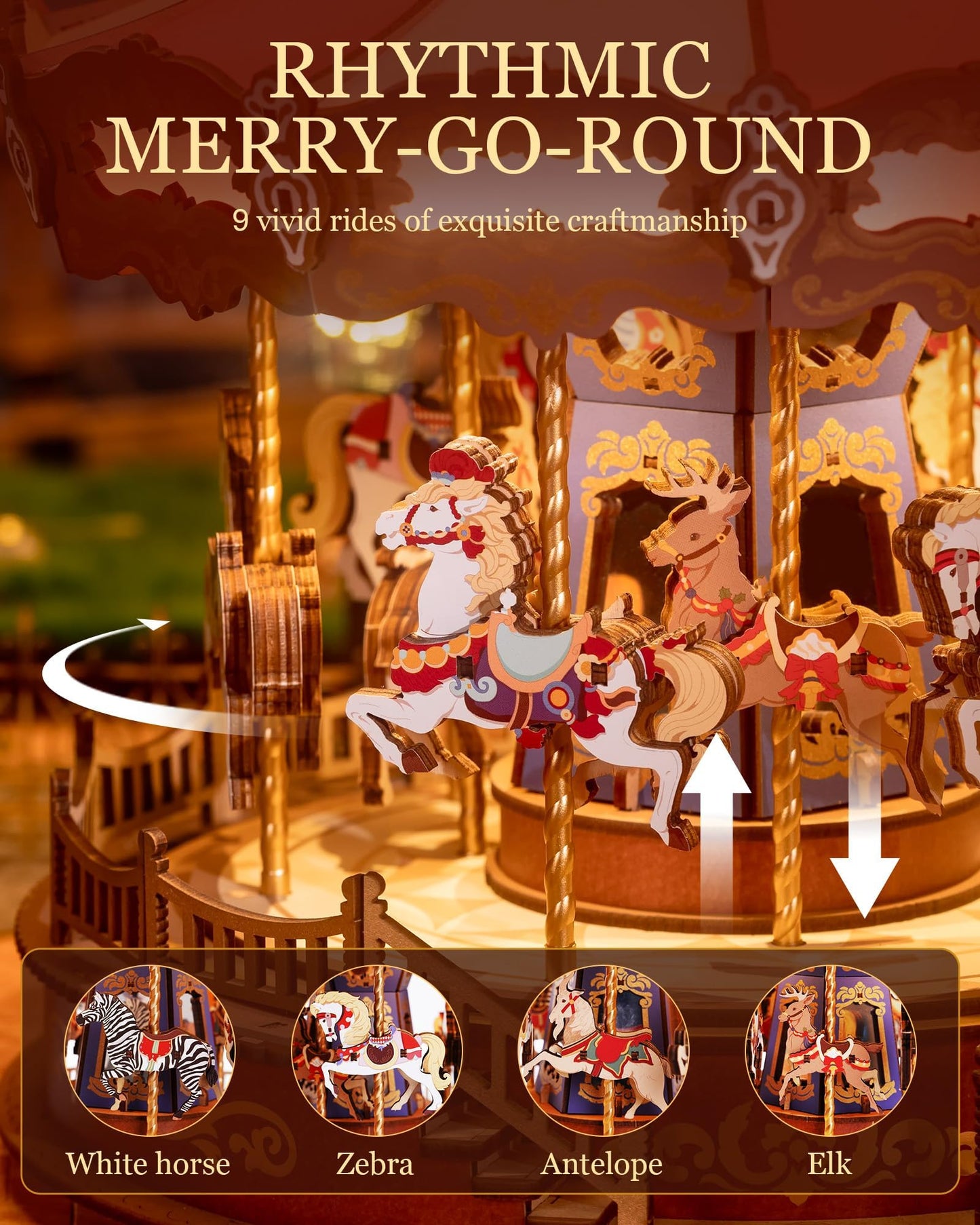 Rolife DIY 3D Wooden Puzzle for Adults, Classic Carousel Wood Puzzle Music Boxes, for Princess Girls Teens, Creative Hobbies Crafts Toys Model Building Kits