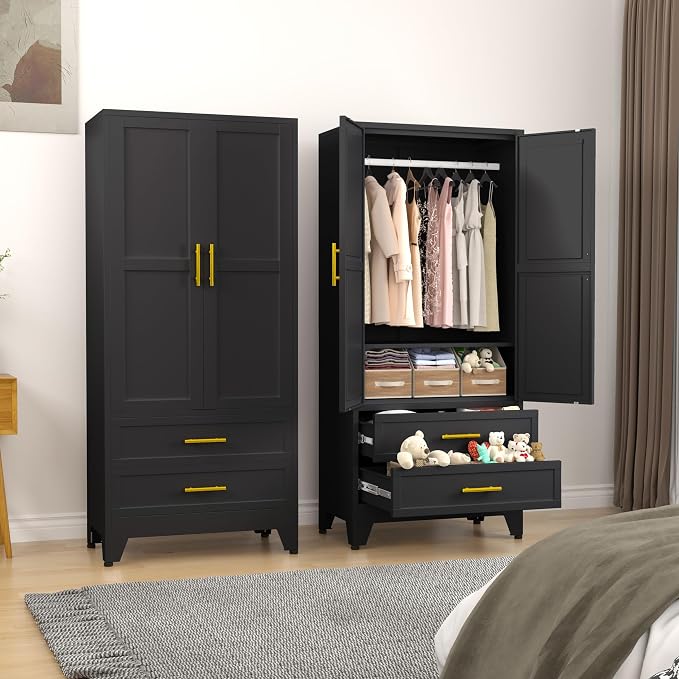 erosoei Metal Armoire Wardrobe Closet, 71 "Metal Clothing Storage Cabinet | with Adjustable Shelves and Hanging Rod, Household Steel Wardrobe Storage Cabinet with Drawers (Armoire-Black)
