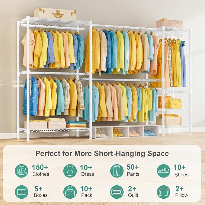 SEMHOR E01 Expandable Heavy Duty Clothes Rack, Free Standing Closet System Organizer, Adjustable Portable Carbon Steel Garment & Clothing Racks for Hanging Clothes (72.5-96"), 800LBS Max Load, White
