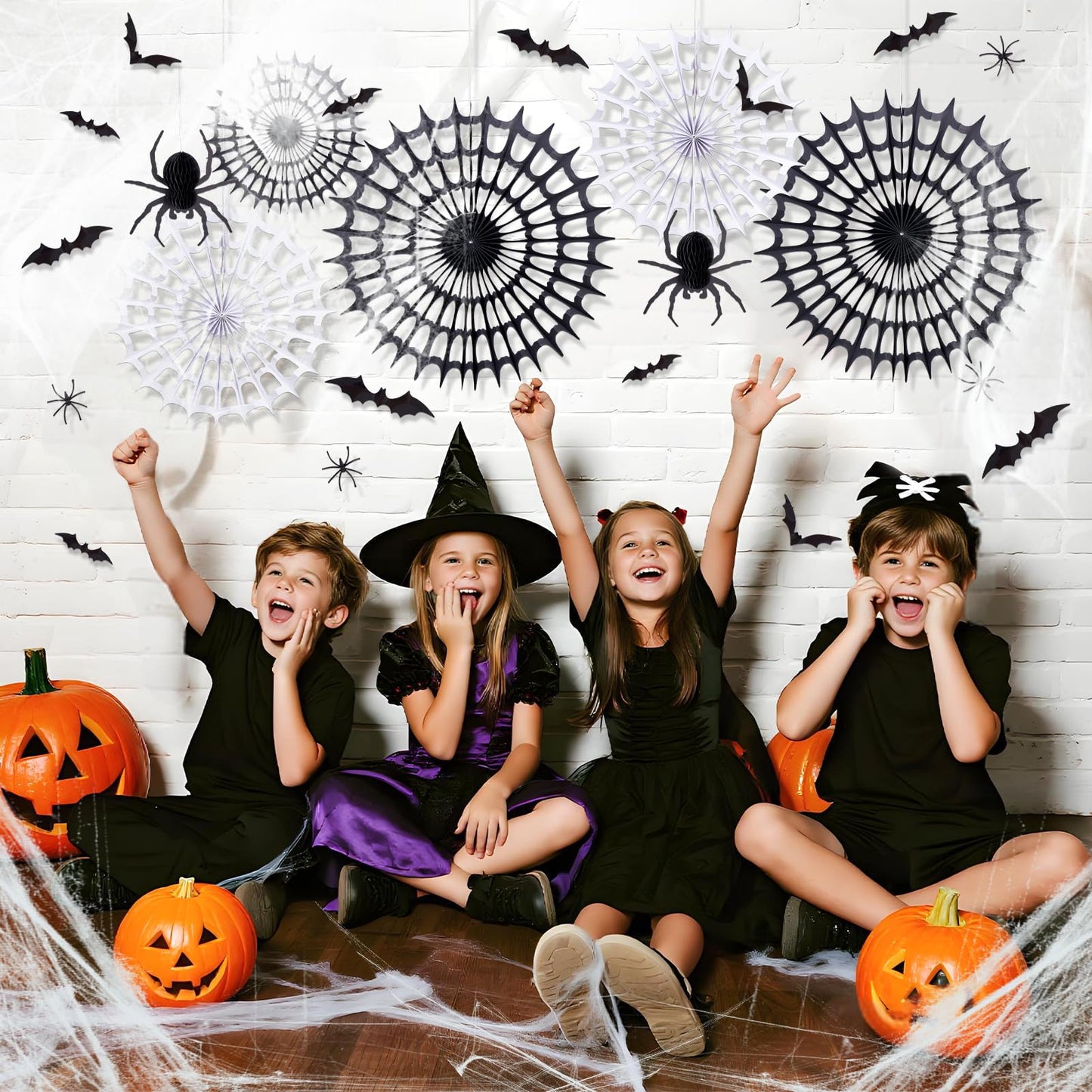 Spider Webs Halloween Decorations with 5 Black White Paper Fans, 6 Fake Spiders and 12 Bat Wall Stickers for Wall Indoor Outdoor Halloween Party Decor