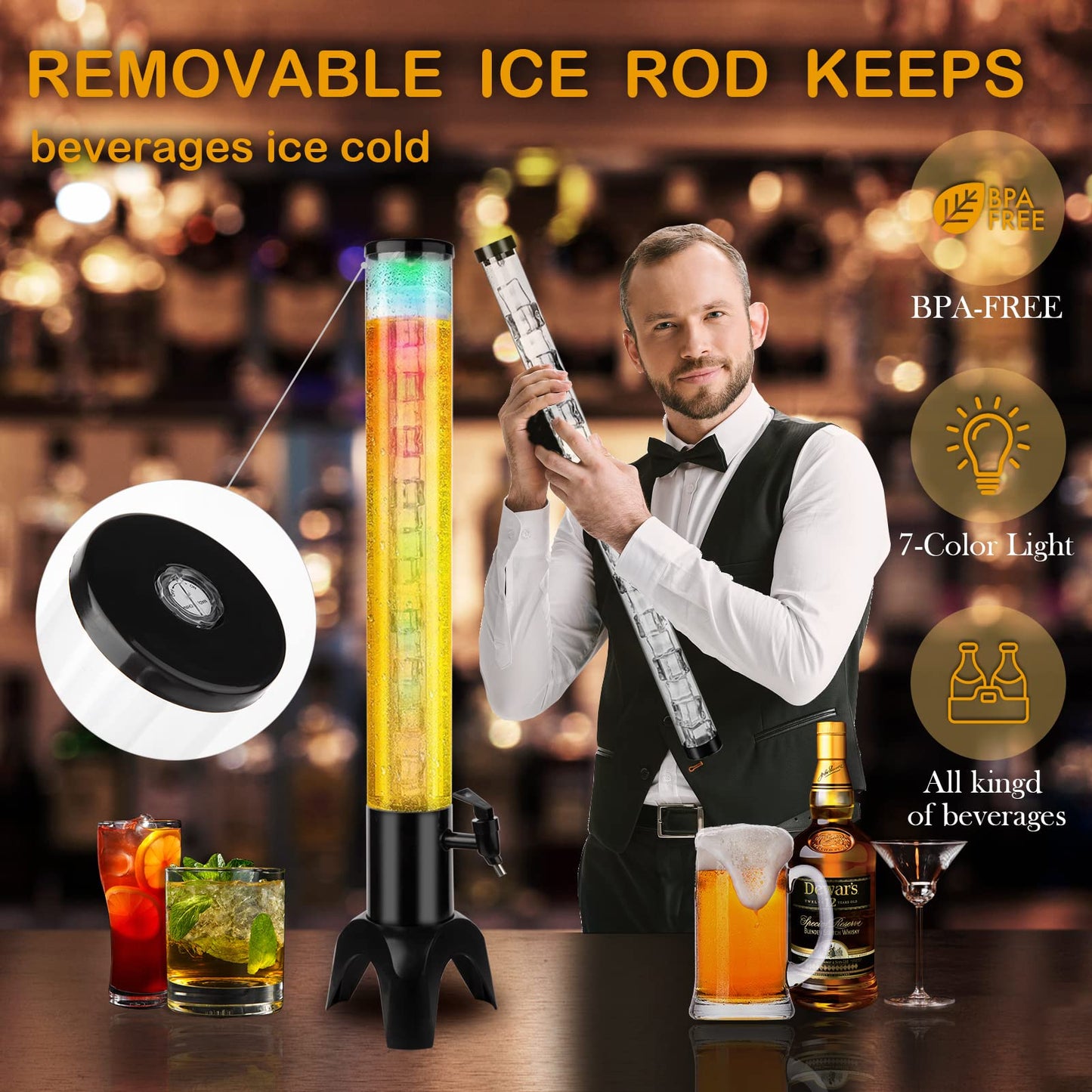 Beer Dispenser, 100oz/3.2 qt Mimosa Tower Dispenser with Ice Tube and LED Light for Margarita, Liquor, Beverage - Tabletop Drink Tower Dispensers for Parties