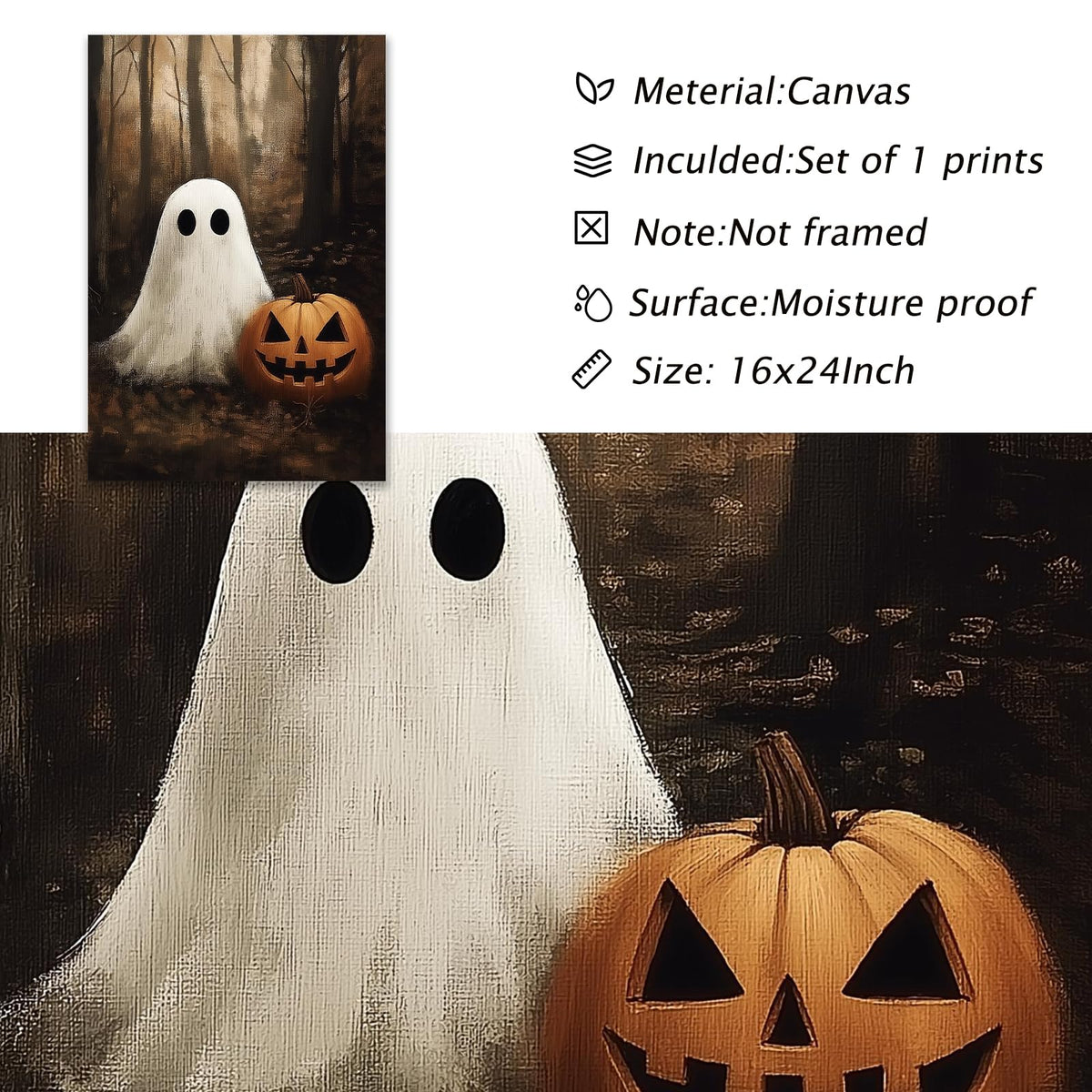 Vintage Halloween Ghost Poster Ghost Pumpkin Prints Dark Academia Gothic Prints Moody Halloween Pictures Spooky Fall Forest Art Spooky Moody Wall Art Dark Academia Painting 16x24inch Frameless