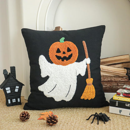 Jonhier Halloween Black Throw Pillow Cover, Embroidered Pumpkin Ghost Decorative Cushion Case for Sofa Bed Patio, Textured Pillowcase Thanksgiving Fall Decor Indoor Outdoor (Pumpkin Man, 18” x 18”)
