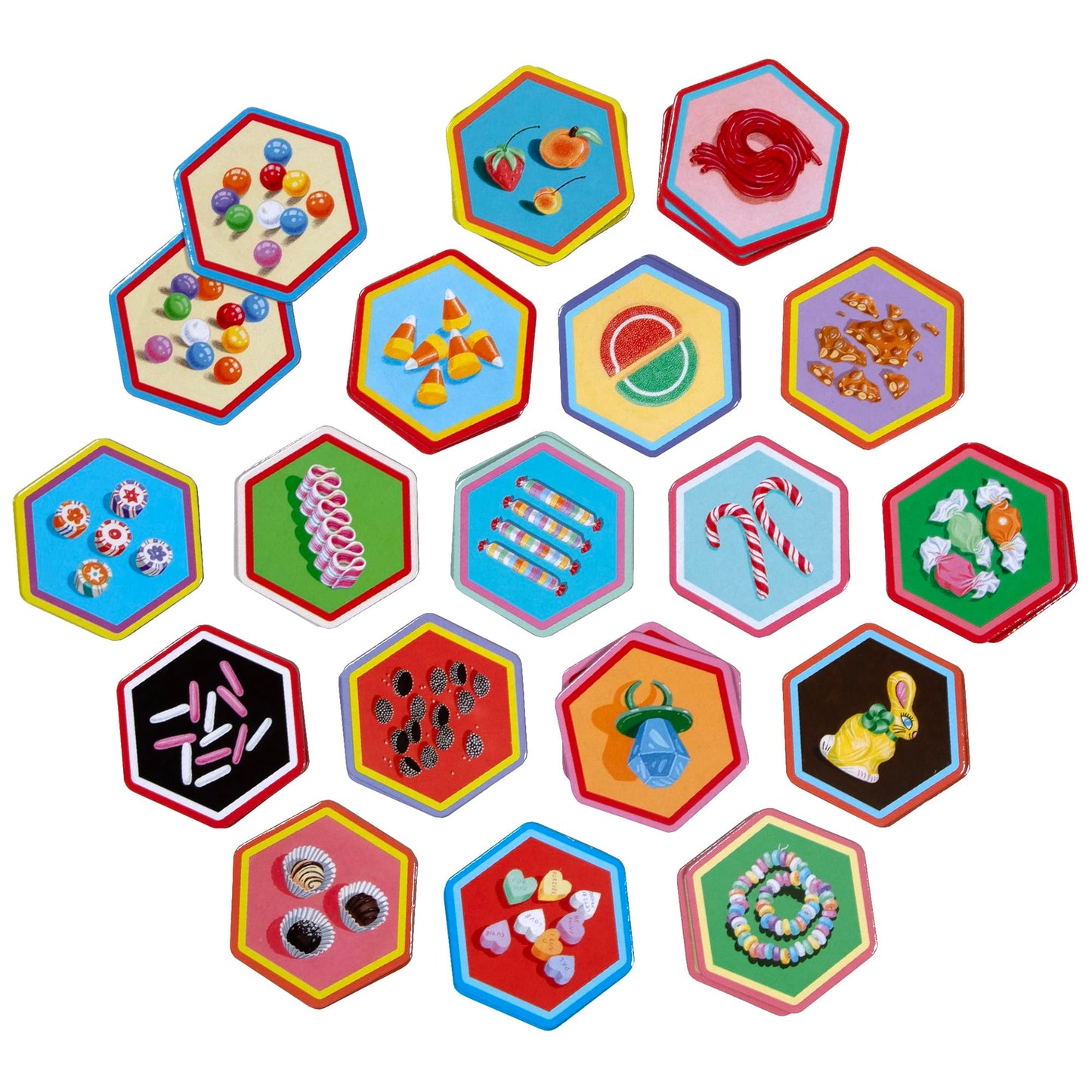 eeBoo: Memory & Matching Game- Candy- 18 Hexagon-Shaped Illustrated Matching Pairs, Sweets Themed, Concentration Tile Game, Kids Age 3+, 1-4 Players